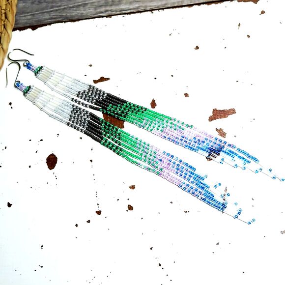 Long Boho Beaded Cascade Fringe Dangle Earrings, Seed Bead Jewelry 8" - Picture 6 of 7